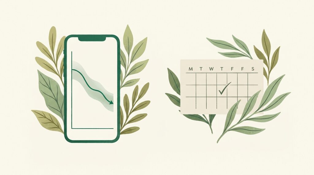 Botanical illustration of LifeOnGLP free tools: a phone showing a weight loss projection curve and a weekly shot day calendar