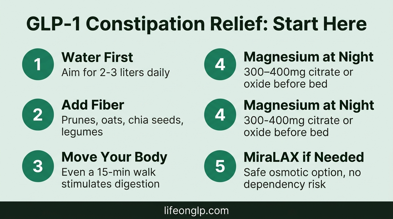 GLP-1 constipation relief step-by-step guide infographic